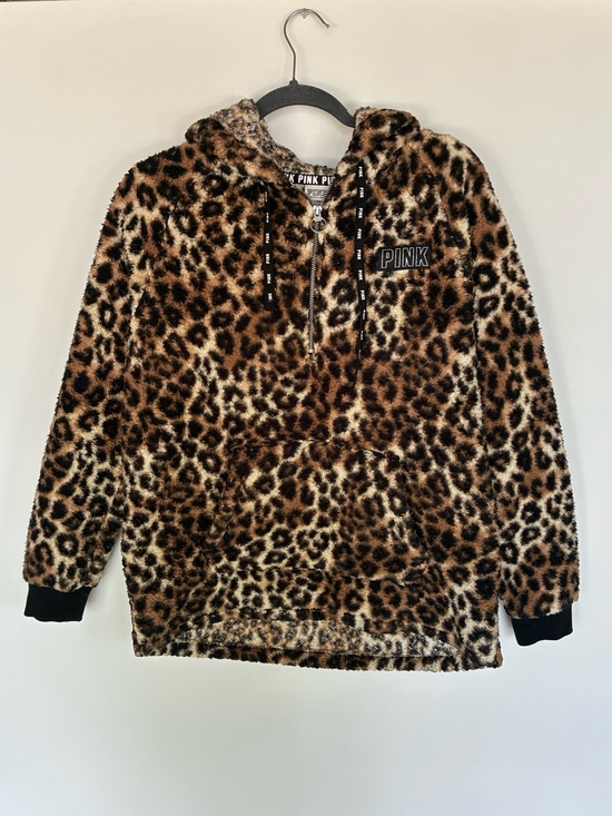 PINK Victoria's Secret Tops - Victoria’s Secret PINK Leopard Sherpa Fleece Half Zip Hoodie Medium